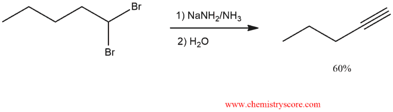 Structural reaction scheme for Alkyne formation via elimination, diagram 1 of 6