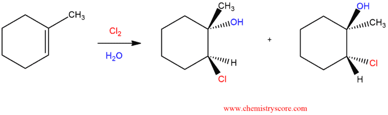 Structural reaction scheme for Chlorohydrin formation [Cl2/H2O], diagram 1 of 3