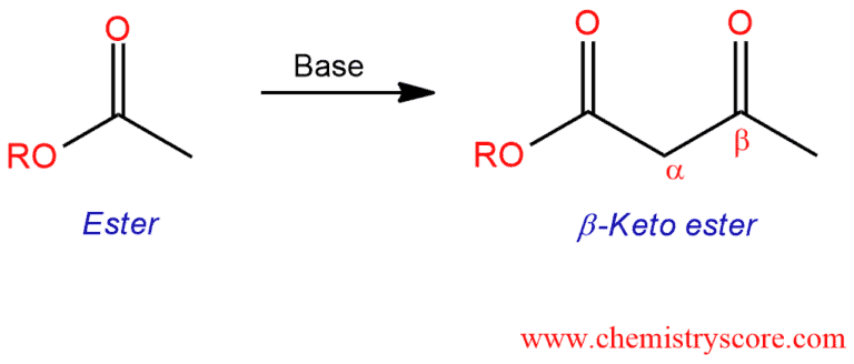 Structural reaction scheme for Claisen condensation, diagram 1 of 2