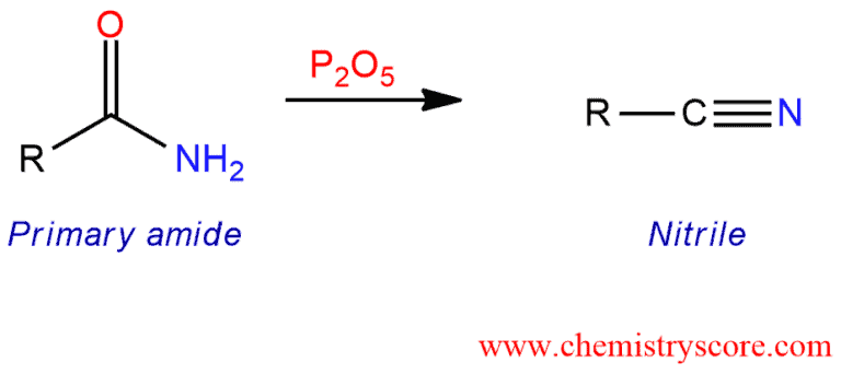 Structural reaction scheme for Dehydration of amides to nitriles [P2O5], diagram 1 of 3