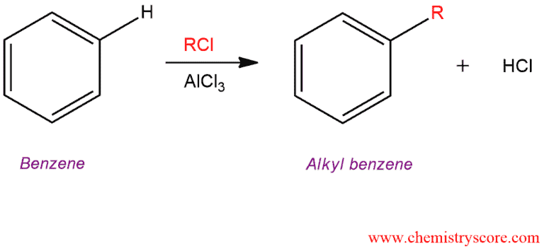 Structural reaction scheme for Friedel Crafts alkylation [R-X plus catalyst], diagram 1 of 3