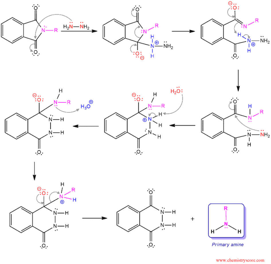 Structural reaction scheme for Gabriel Synthesis of amines, diagram 3 of 3
