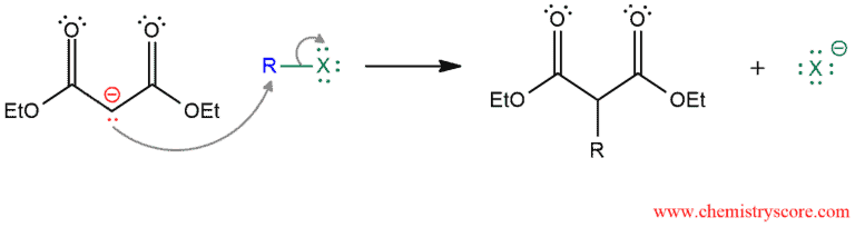 Structural reaction scheme for Malonic Ester / Acetoacetic Ester Synthesis, diagram 3 of 6