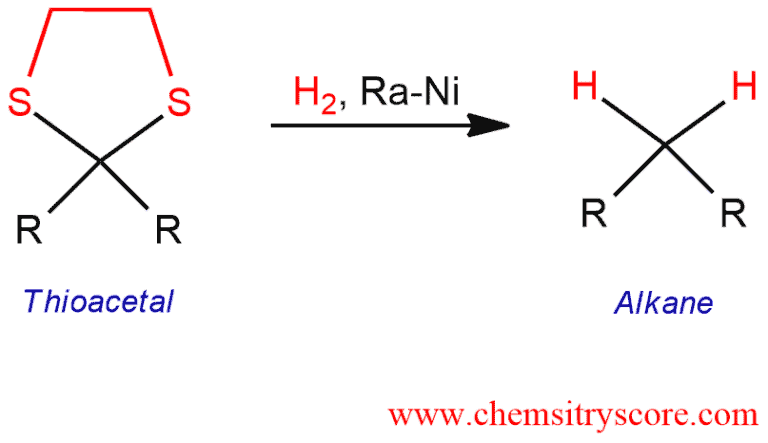 Structural reaction scheme for Reduction of thioacetals to alkanes [Raney Ni], diagram 1 of 2
