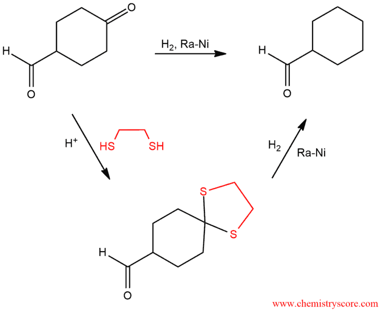 Structural reaction scheme for Reduction of thioacetals to alkanes [Raney Ni], diagram 2 of 2