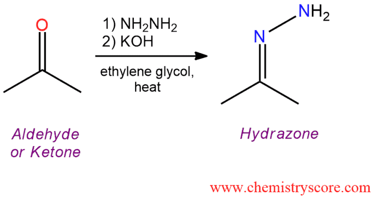 Structural reaction scheme for Wolff-Kishner: reduction to alkanes, diagram 1 of 3