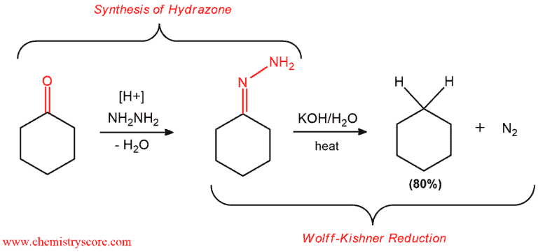 Structural reaction scheme for Wolff-Kishner: reduction to alkanes, diagram 2 of 3