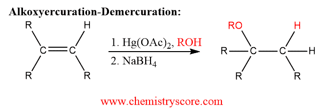 Structural reaction scheme for Alkoxymercuration-Demercuration