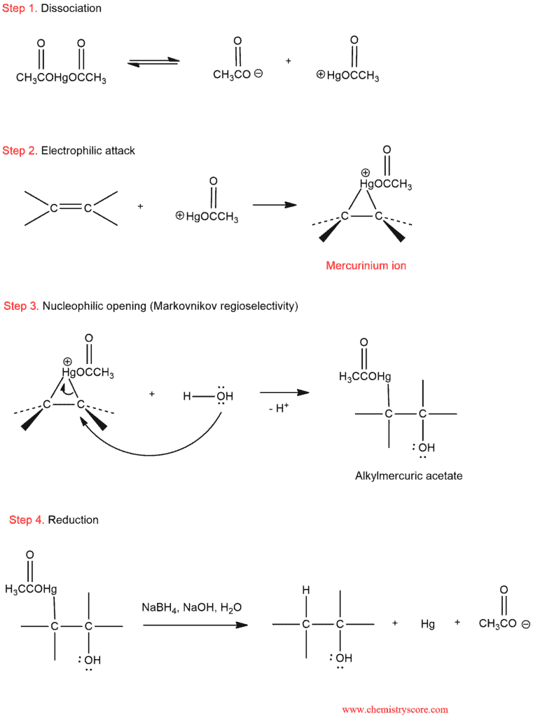 Structural reaction scheme for Oxymercuration [Hg(OAc)2/H2O], diagram 4 of 4